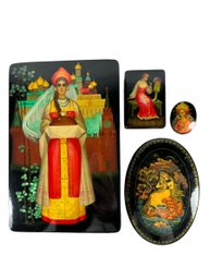 Grouping Of (3) Hand-Painted Soviet Russia Wooden Boxes & (1) Pin