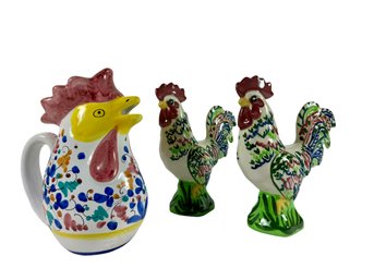 A Pair Of Pottery Rooster Sculptures & Italian Ceramic Rooster Pitcher