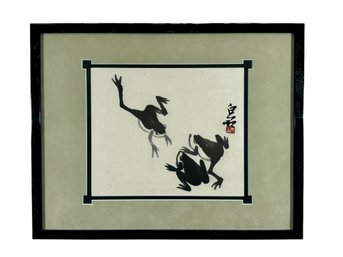 Framed Japanese Watercolor - Three Frogs