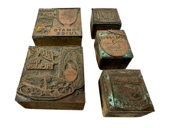 Grouping Of (5) Copper & Wood Printing Press Blocks