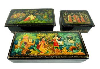 Grouping Of (3) Hand-Painted Soviet Russia Wooden Boxes