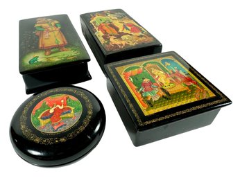 Grouping Of (4) Hand-Painted Soviet Russia Wooden Boxes