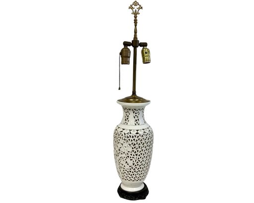Chinese Blanc De Chine Reticulated With Cherry Blossom Motif Table Lamp (2 Of 2) 31 Inches High