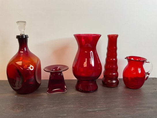 Five Red Glass Pieces - Mid-century Crackle Glass Pitcher, Pinched Decanter, Vases