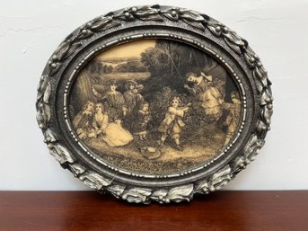 Oval Engraving On Resin Composite Of Children Playing In The Countryside