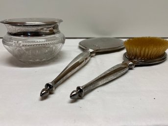 Silver Plate Vanity Brushes Mirror And Lidded Jar