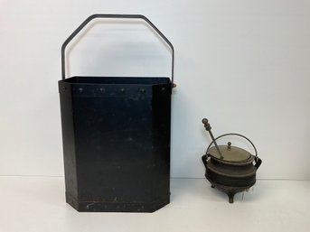 Vintage Ash Bucket With Cast Iron Fire Starter
