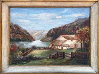 Framed Oil Painting Of A Farmhouse And Lake
