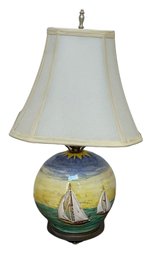 Ceramic Lamp With Raised Sailboat Design & Silk Shade