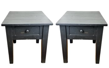 Pair Of Black Wooden End Tables With Top Storage Drawer
