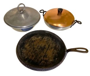 Vintage Cookware - Cast Iron Griddle, Aluminum Pan W Twisted Handle Copper Lid,  Aluminum Covered Bowl