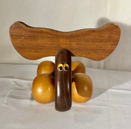 Mid Century Modern Carved Wooden Moose Toy On Wheels