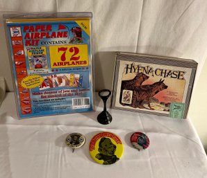 Fun Lot: Paper Airplane Book (brand New), Vintage Buttons, Bell, And Hyena Chase Board Game In Original Box