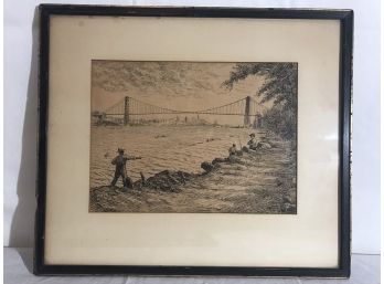 Fisherman At George Washington Bridge Original Drawing, Framed