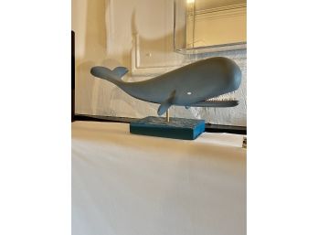 Painted Wood Whale Sculpture On Weighted Pedestal, Signed By Artist