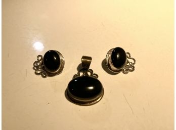 Silver And Onyx Pendant And Clip-On Earring Set