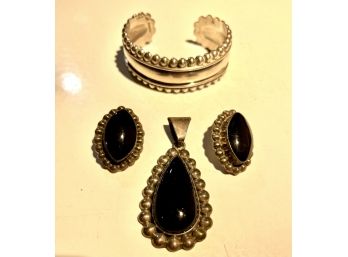 Mexican Silver/Onyx -Pendant, Bracelet, Clip-On Earring Set