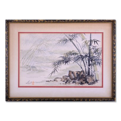 Antique Chinese Oriental Watercolor 'Bamboo Scene'