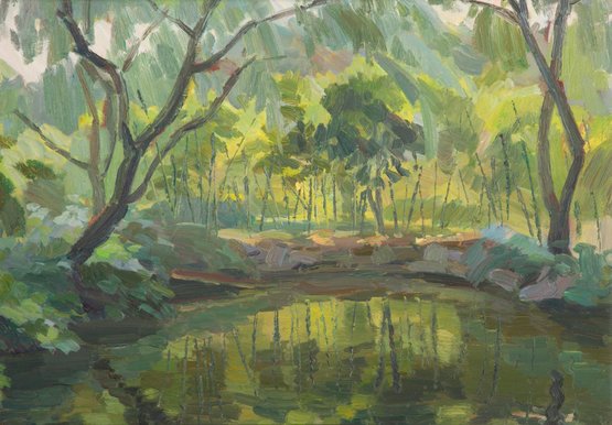 Post Impressionist Original Oil Painting 'Pond Landscape'