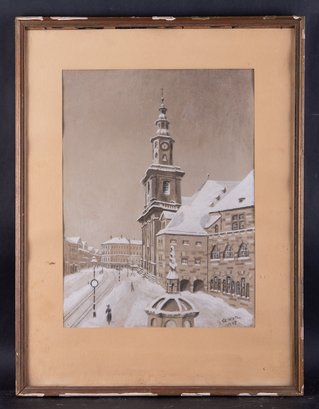 Early 20th Century Impressionist Watercolor 'Tower In Winter'