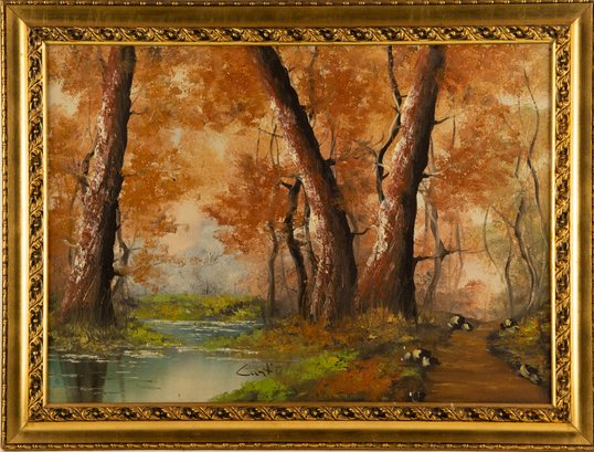 Oil On Board Landscape 'Tranquil Stream Amidst The Woods'