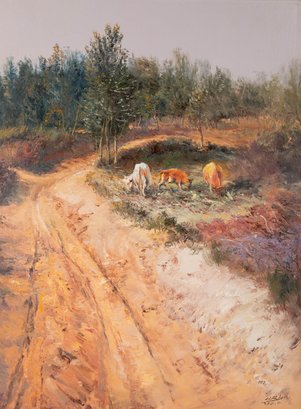 Qingliang Wang Impressionist Original Oil Painting 'Path To The School'