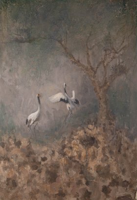 HaiJun Chen Chinese Bird-and-Flower Painting Original Oil On Canvas 'Gray Mist 1'