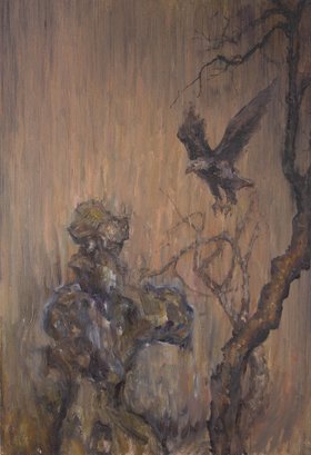 HaiJun Chen Chinese Bird-and-Flower Painting Original Oil Painting 'Gray Mist 2'