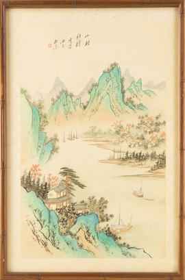 Chinese Ink On Silk 'Vintage Mountain River Landscape'