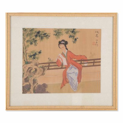 Antique Chinese Wateroclor On Paper 'Portrait Of Girl'