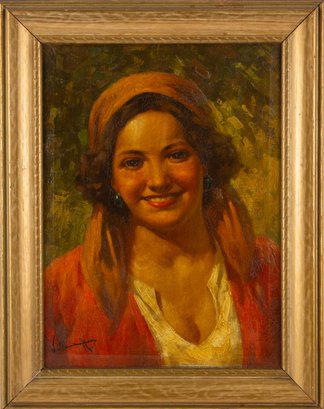 Portrait Oil On Canvas Antonio Vallone (Italy, 20th Century)'Woman Under The Sunlight'