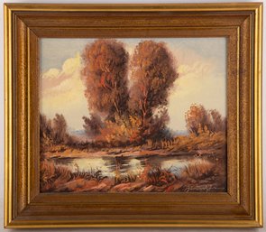 Vintage Landscape Oil On Canvas 'Next To The Pond'