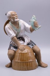 Chinese Porcelain Figurine Old Fisherman With Fish