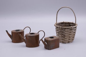 Set Of 3 Decorative Watering Can With A Metal Basket