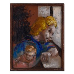 Early 20th Century Abstract Oil On Masonite 'Mother And Baby'