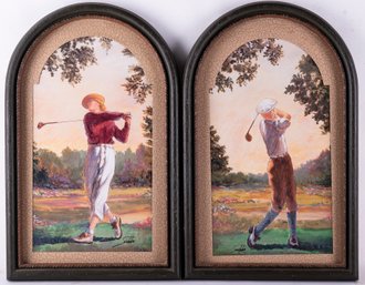 Vintage Realist Print On Biptych 'Golfers'