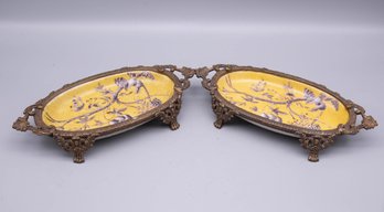A Pair Of Yellow Huarongtang Ceramic And Bronze Bowls
