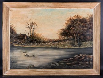 Early 20th Century American Barbizon School Original Oil Painting 'River Scene'