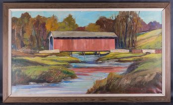 Large American Impressionist Original Oil Painting 'Covered Bridge'