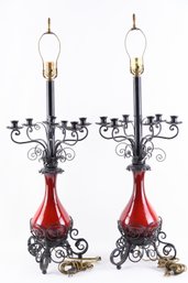 Pair Of Chinese Antique Red Porcelain Lamp Without Lamp Shade