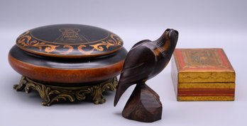 Vintage Wood Boxes And Eagle Statue