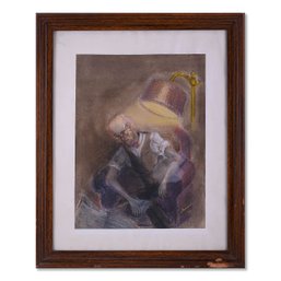 Mid Century Impressionist Watercolor On Paper 'Man Under Lamp'