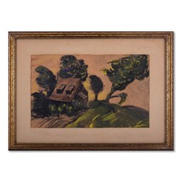 Early 20th C. Post-Impressionist Mixed Media On Paper 'House Landscape'