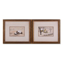 Pair Of Vintage Impressionist Watercolor On Paper 'Winter At Farm'