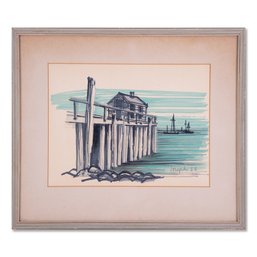 Vintage Original Watercolor On Paper 'Dock Scene'