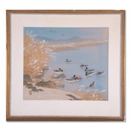 Early 20th Century Oriental Watercolor On Silk 'Ducks In Pond'