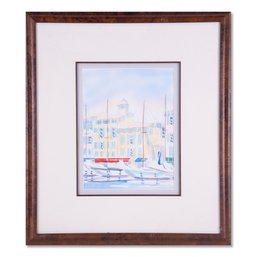 Vintage Modernist Original Watercolor 'Sailboats At Dock'