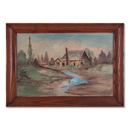 Antique Traditional Oil Painting 'River In Front Of The House'
