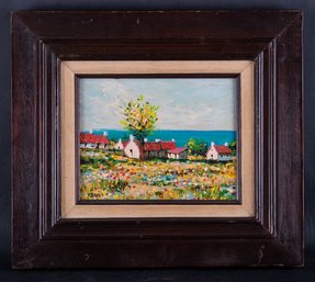 Small Vintage Naive Style Original Oil Painting 'Houses Near Coast'