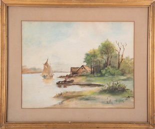 Early 20th Century Watercolor 'River Near House'